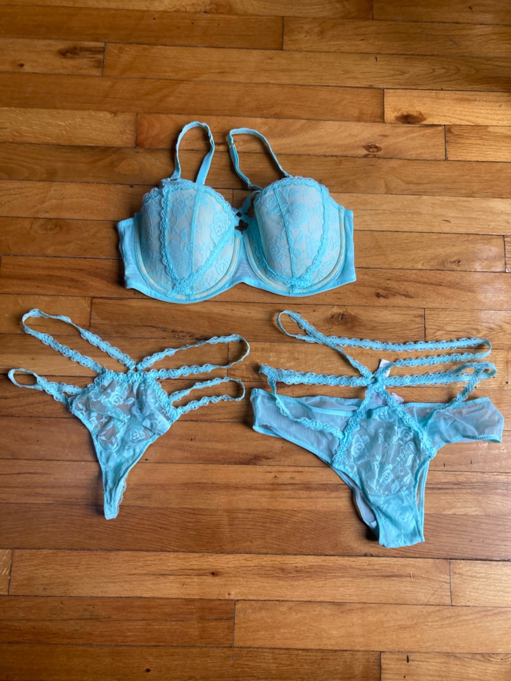 Adore Me Sky Blue Lace Strappy Bra & Matching Panties